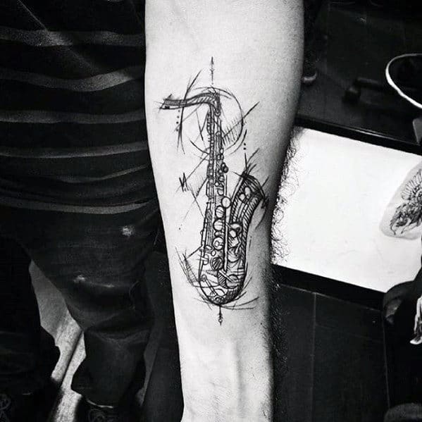 Mens Saxophone Sketched Inner Forearm Tattoos