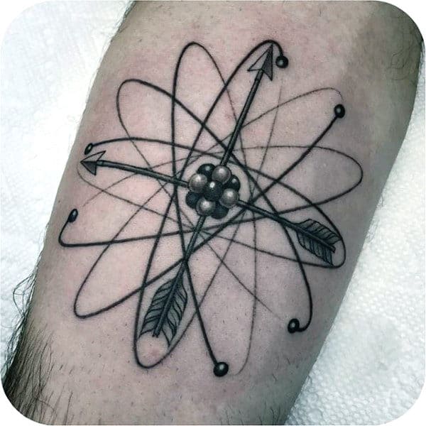 KREA - small black tattoo of quantum physics, science, futuristic,  realistic, very detailed