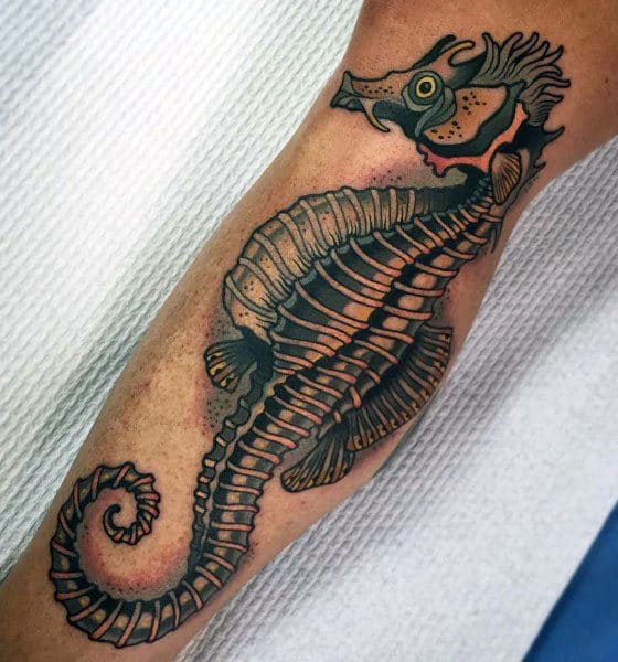 blackwork seahorse tattoo with gas mask design on Craiyon