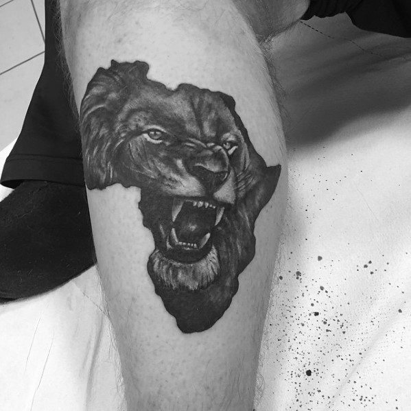 Mens Shaded Black And Grey Africa Lion Roaring Leg Tattoo