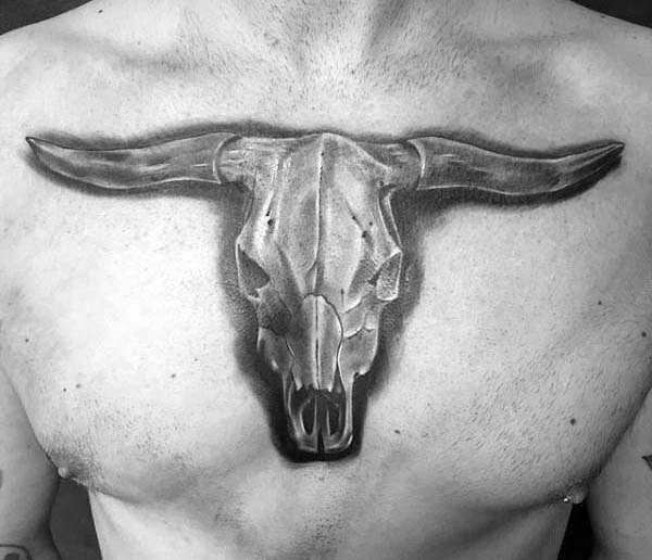 Mens Shaded Black And Grey Ink Bull Skull Tattoo On Upper Chest