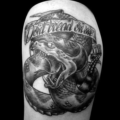 Mens Shaded Black And Grey Ink Dont Tread On Me Rattlesnake Tattoos On Thigh