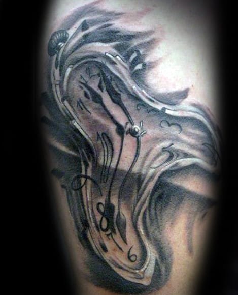 Mens Shaded Black And Grey Ink Melting Clock Tattoo On Arm