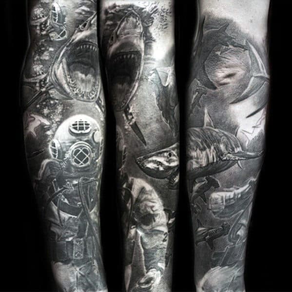 Mens Shaded Black And Grey Ocean Sleeve Tattoos