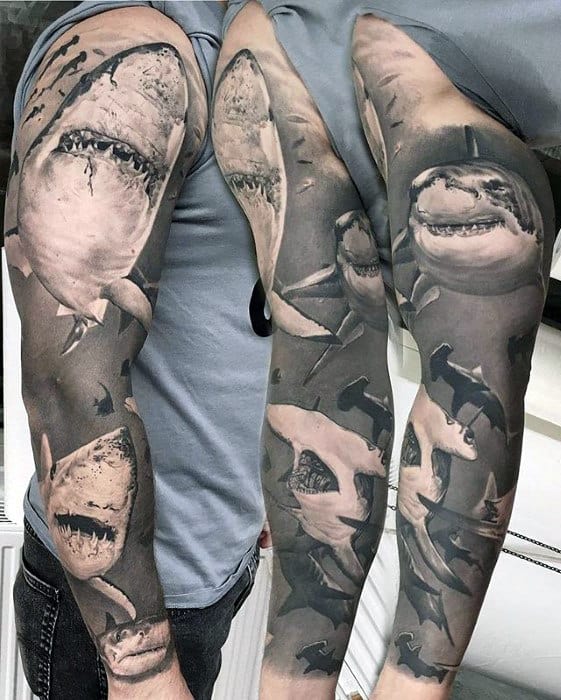 Mens Shaded Black And Grey Realistic 3d Shark Sleeve Tattoo