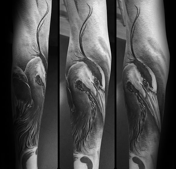 Mens Shaded Black And Grey Sleeve Cool Heron Tattoo Design Inspiration