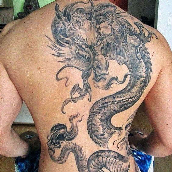 Mens Shaded Dragon Black And Grey Dragon On Back Tattoo