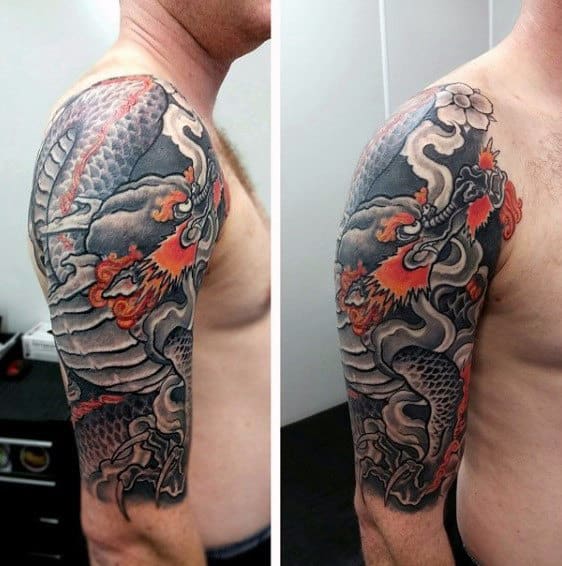 Mens Shaded Grey And Orange Ink Half Sleeve Dragon Tattoo