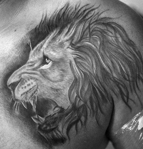 Mens Shaded Lion Front Of Shoulder Tattoo Ideas
