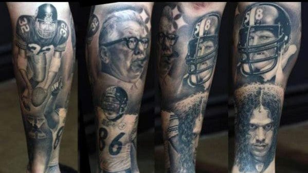 Mens Shaded Pittsburgh Steelers Memorial Themed Leg Sleeve Tattoo Design Ideas