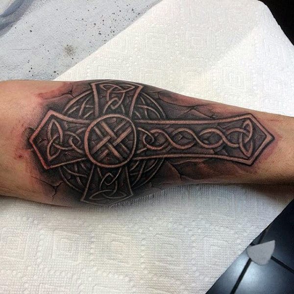 Mens Shaded Stone Forearm Celtic Cross Tattoo Design Inspiration