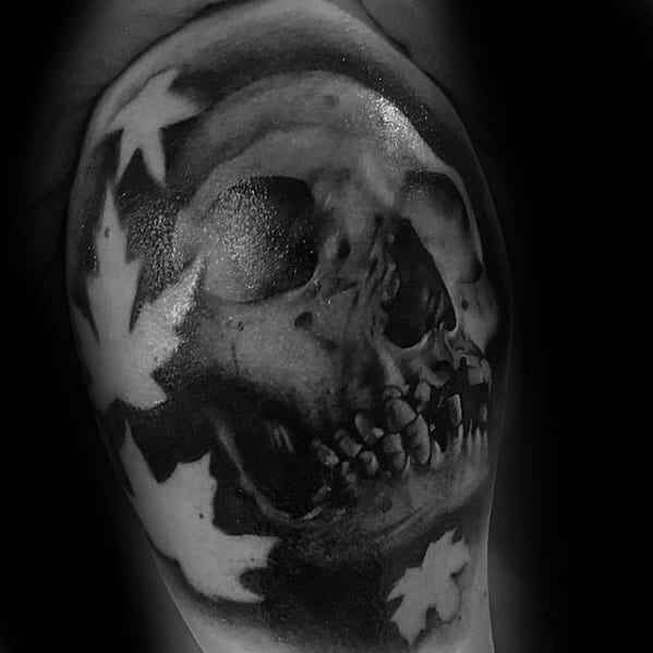 Mens Shaded Unique Skull With Negative Space Leaves Arm Tattoo