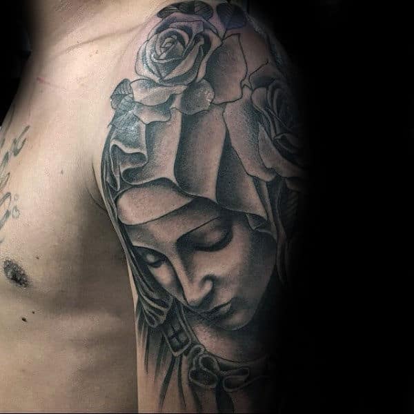 Mens Shaded Virgin Mary Black And Grey Ink Half Sleeve Tattoo Designs