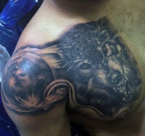 Mens Shaded Wolf Moon Chest And Shoulder Tattoos
