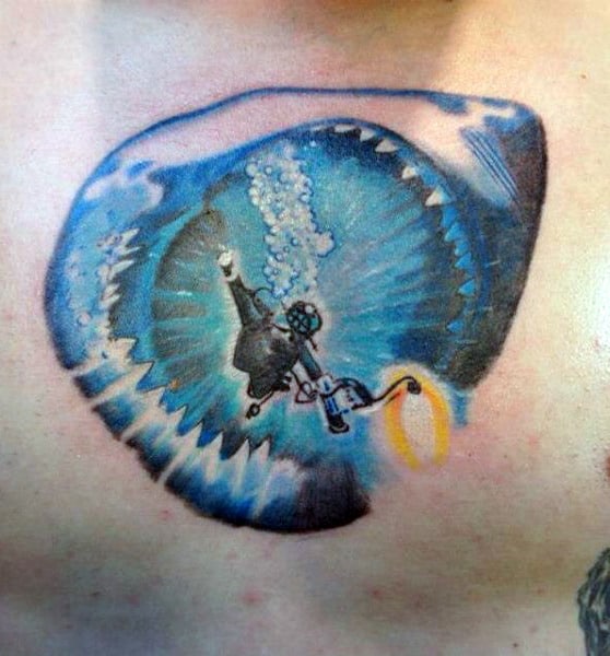 Men's Shark Tattoo On Chest Of Diver