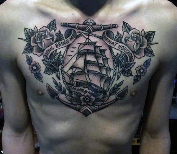 Mens Ship With Banner Traditional Upper Chest Tattoo Inspiration