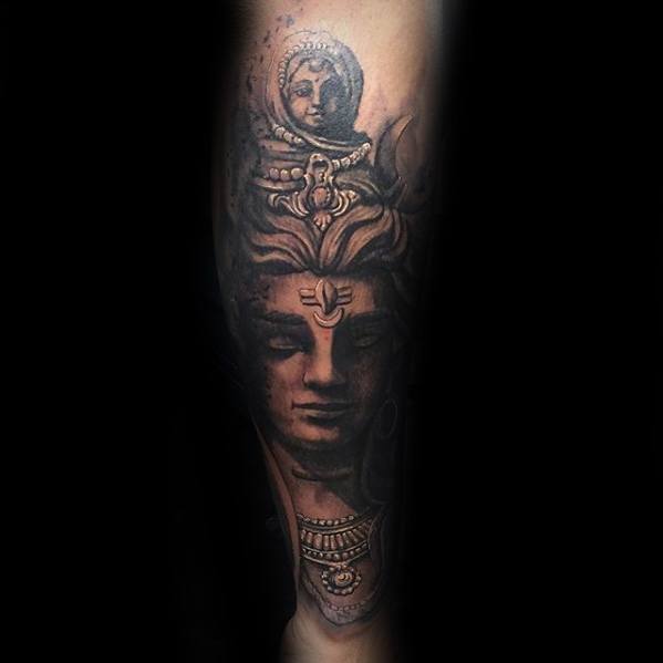 mens shiva leg shaded black and grey tattoo