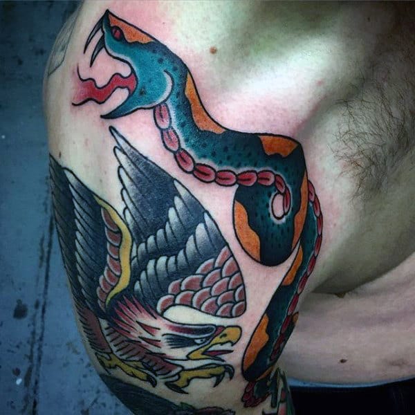 Mens Shoulder And Arm Traditional Snake Tattoos