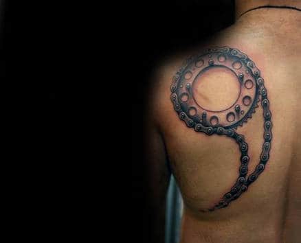 Mens Shoulder And Back Sprocket Chain Tattoo Design Ideas