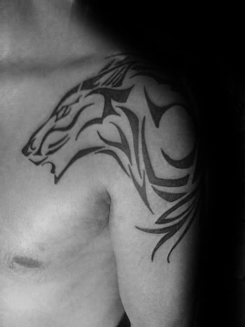 Mens Shoulder And Upper Arm Tribal Wolf Tattoos