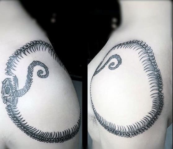 Mens Shoulder Cap Ouroboros Tattoos With Snake Bones