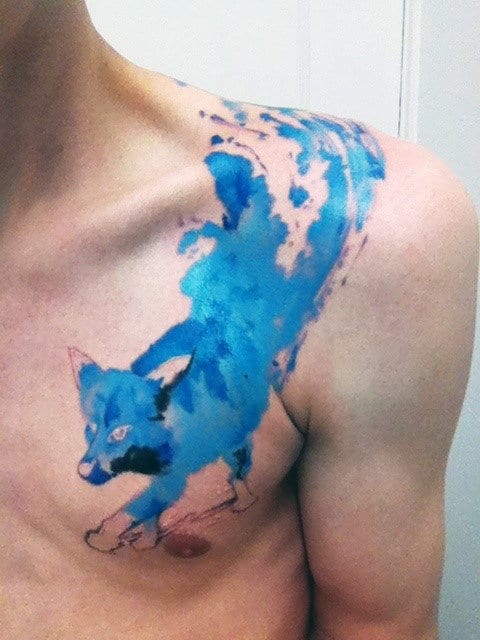 Mens Shoulder Cobalt Blue Fox Tattoo