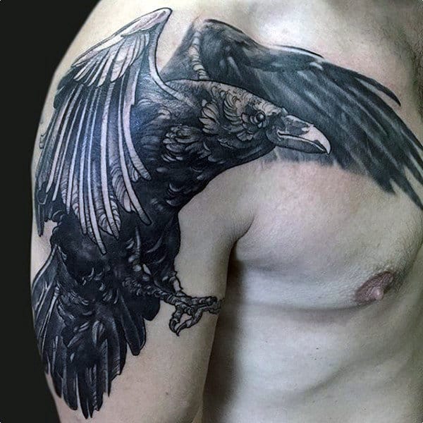 Mens Shoulder Grim Raven With Majestic Black Wings Tattoo