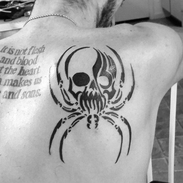 Mens Shoulder Of Back Tattoo Ideas With Tribal Spider Skull Design