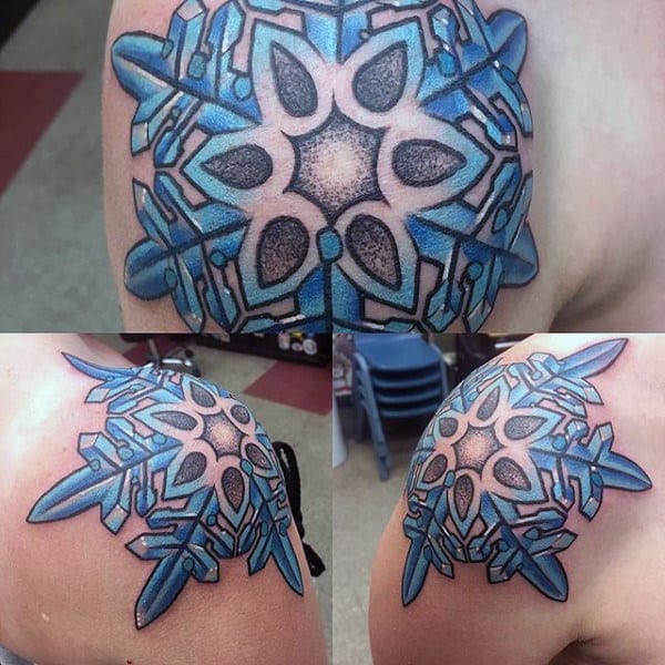 Mens Shoulder Snowflake Blue And White Ink Dotwork Tattoos