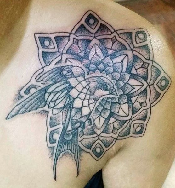 Mens Shoulder Sparrow And Mandala Design Tattoo