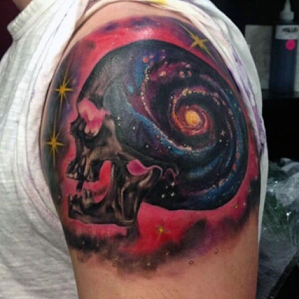 Mens Shoulder Swirly Skull Universe Tattoo
