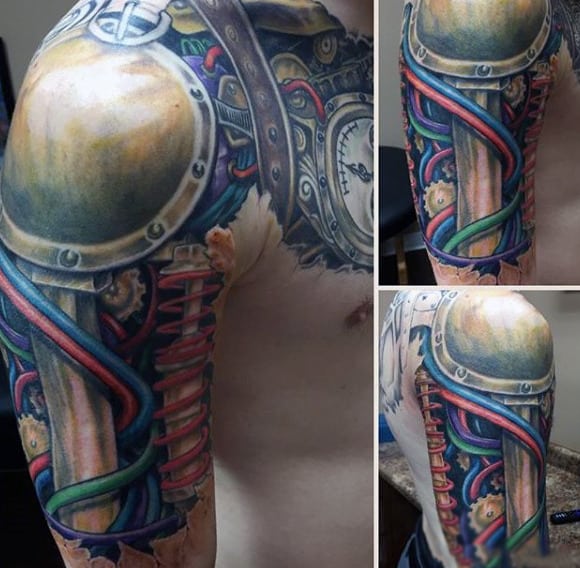 Mens Shoulders Colored Wires Steampunk Tattoos
