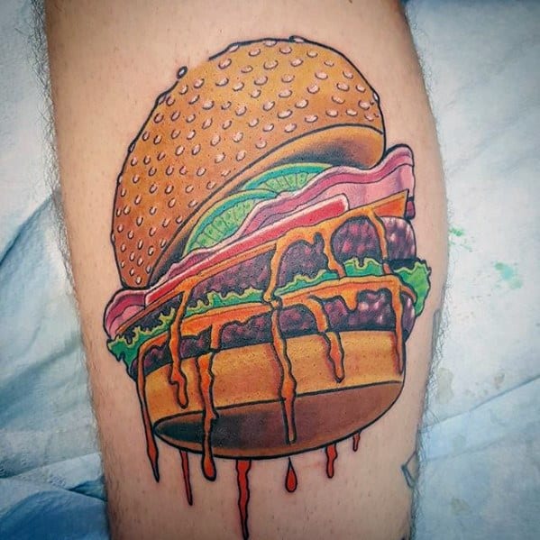 Mens Side Of Leg Cheeseburger Tattoo Ideas