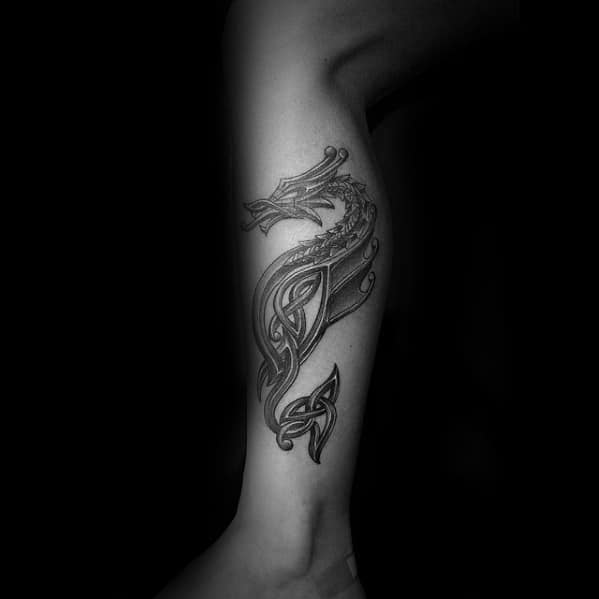 Mens Side Of Leg Shaded Dragon Celtic Tattoo Design