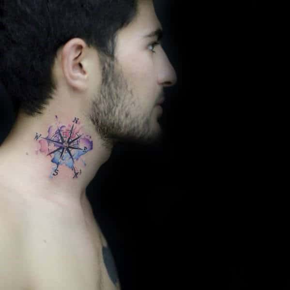 Mens Side Of Neck Watercolor Compass Tattoo