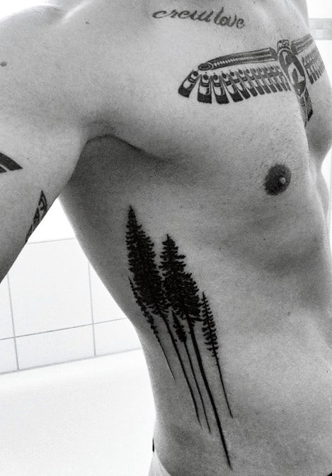 Men's Side Rib Cage Pine Tree Tattoos
