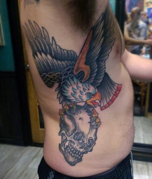 Mens Side Ribs Eagle With Skull Tattoo