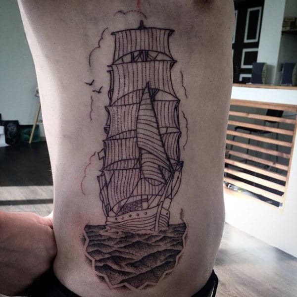 Mens Side Ribs Ship With Large Sails Dotwork Tatto