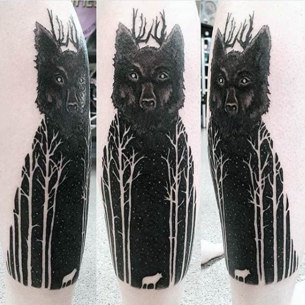 Mens Silhouette Wolf Tree Tattoos