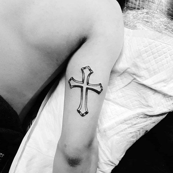 Mens Simple Christian Tricep Cross Tattoo