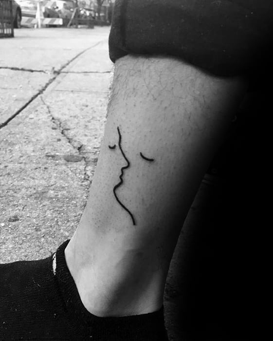 Mens Simple Line Two Faces Kissing Unique Lower Leg Tattoo