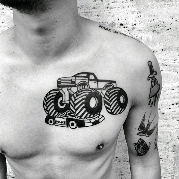 Mens Simple Monster Truck Police Car Tattoo On Chest