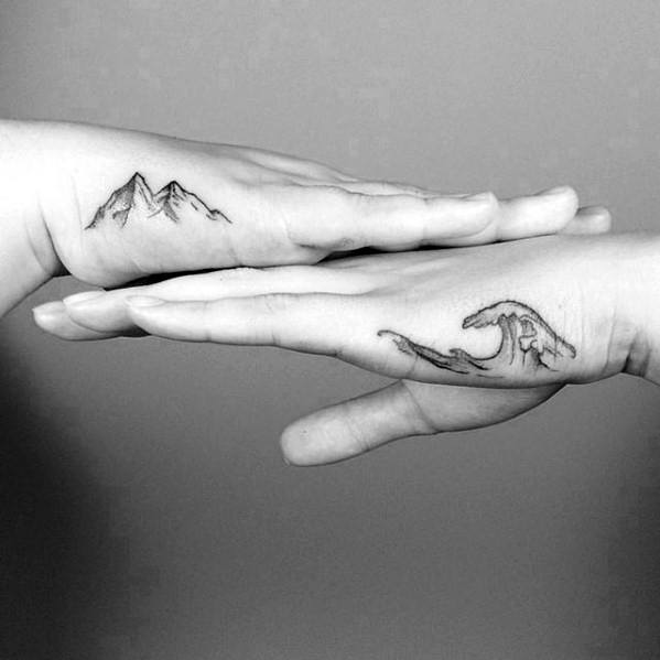 Mens Simple Mountains With Ocean Wave Side Of Hand Tattoo Ideas