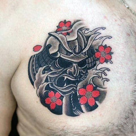 Mens Simple Samurai Mask On Flower Background Chest Tattoo