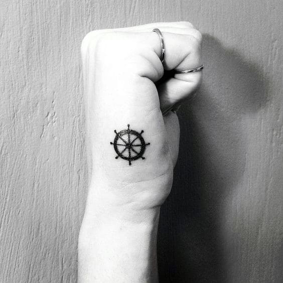Mens Simple Ship Wheel Hand Tattoo