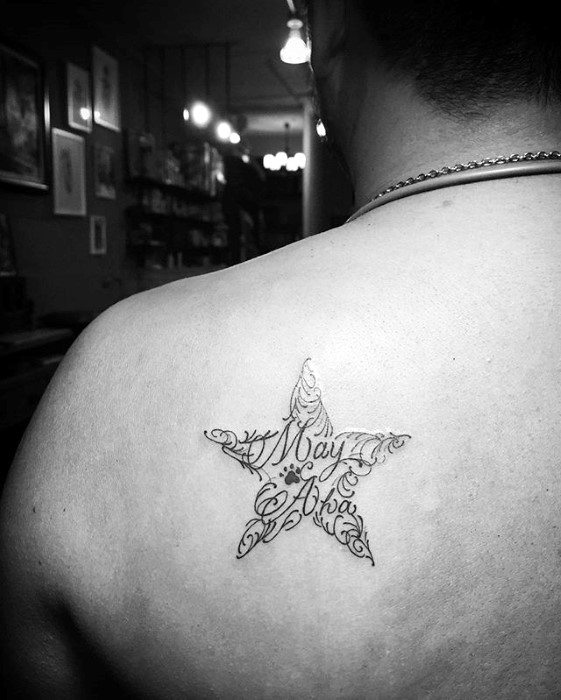 Mens Simple Star With Quote Shoulder Blade Tattoo