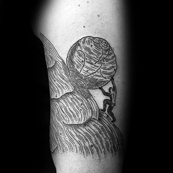 Fine line style Sisyphus tattoo on the right ribcage
