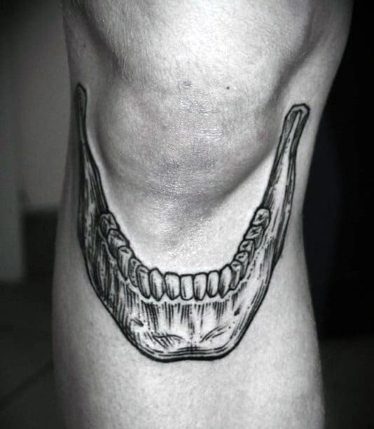 Mens Skeleton Jaw With Teeth Knee Tattoo