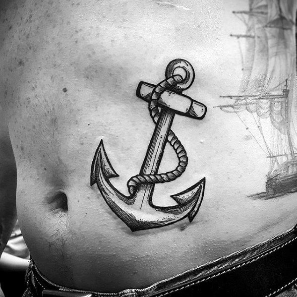 mens sketched anchor rib cage side small tattoo designs