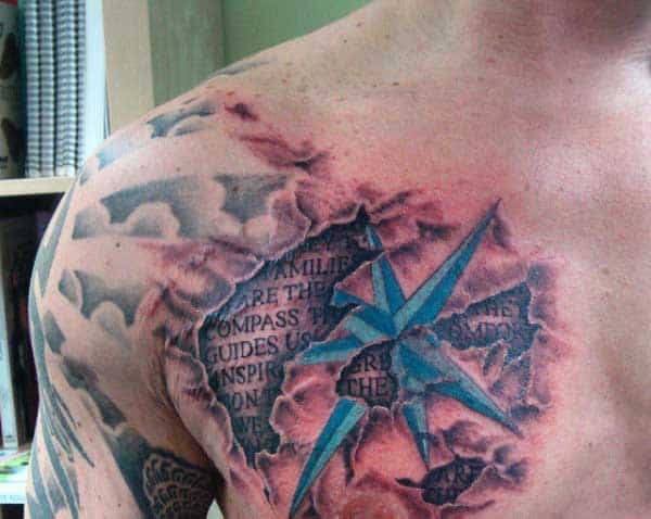 Mens Skin Ripping Tattoo On Chest With Nautical Star And Quote